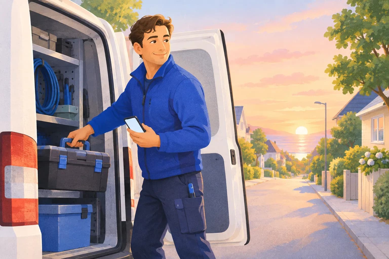 En tekniker lastar verktyg i servicebilen i gryningen, med telefonen i handen.