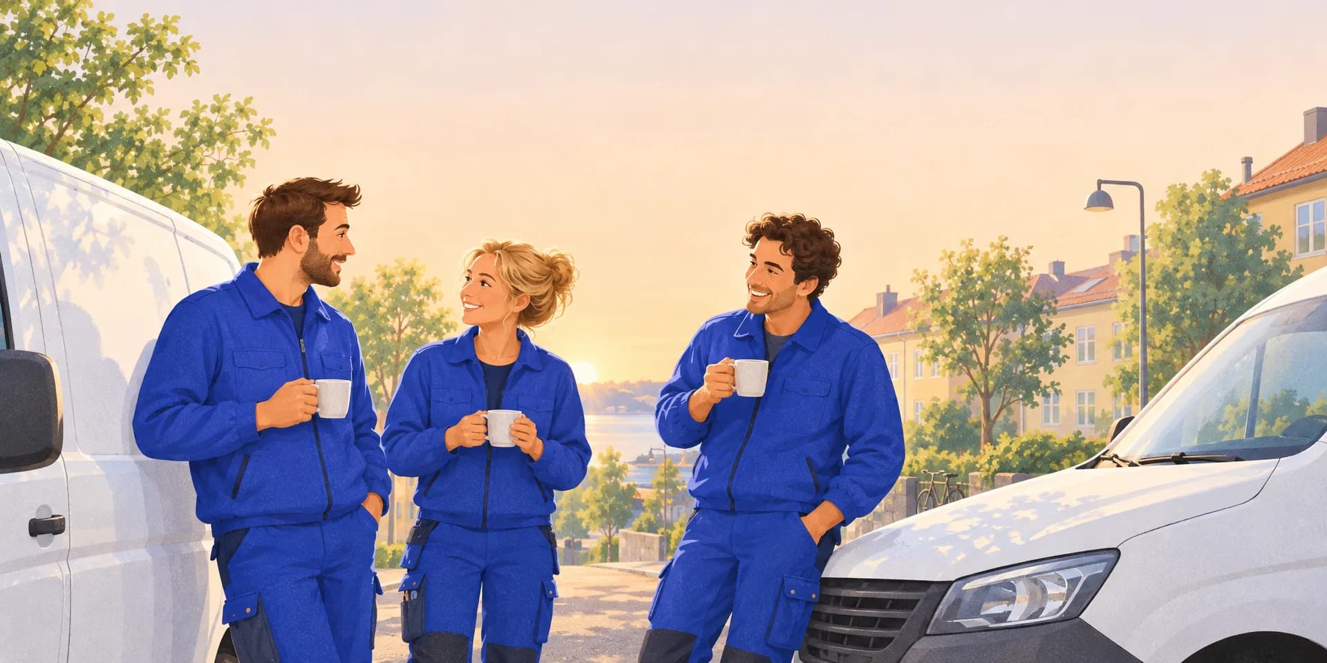 Tre tekniker delar en morgonkaffe vid sina servicebilar i soluppgången.